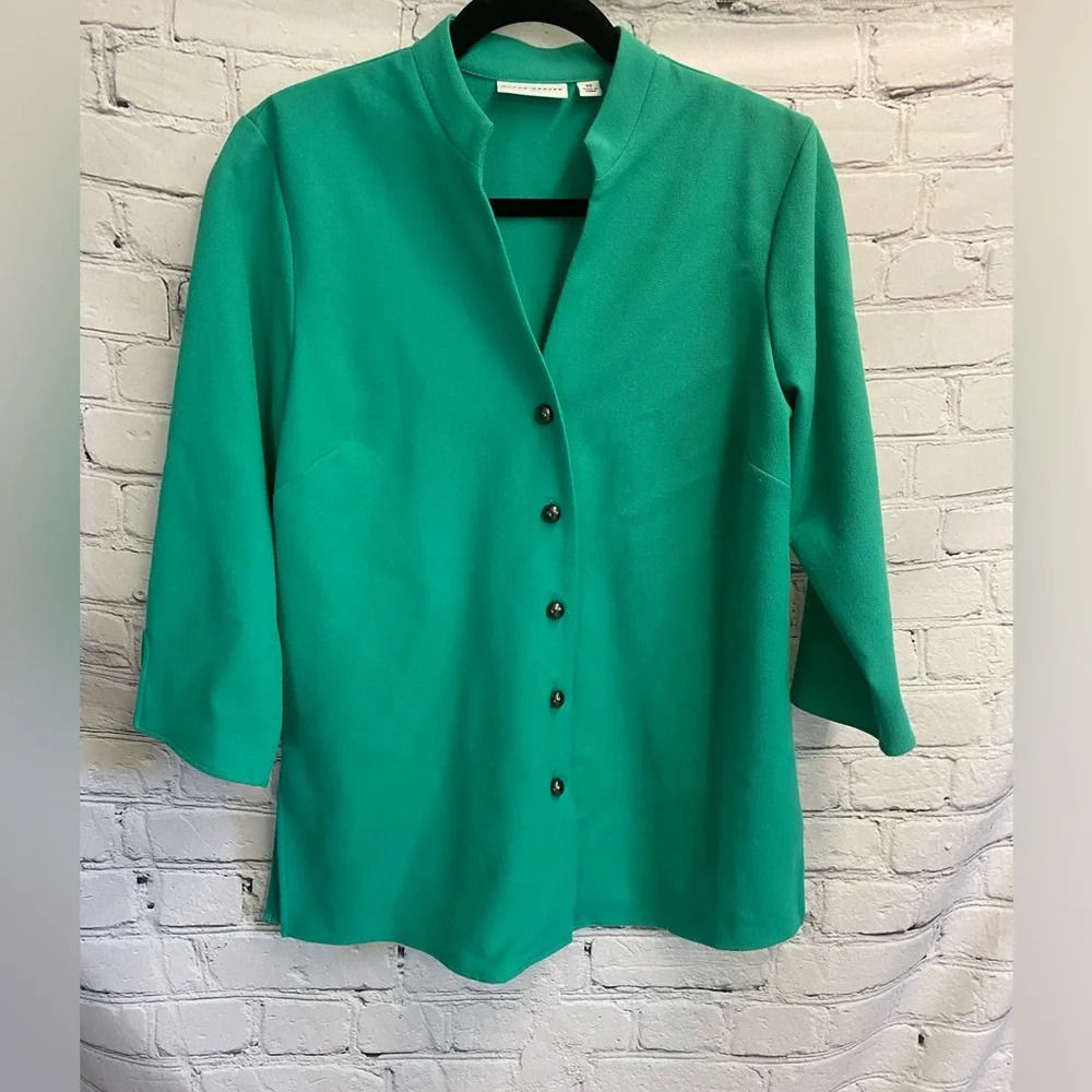 5/$20 Women’s Susan Graver Basic Button‎ Up Crop Sleeve Kelly Green Blouse XS
